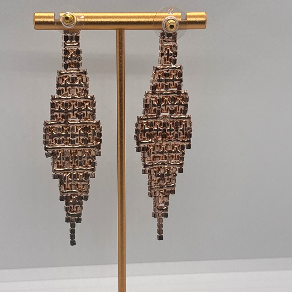 Rose Gold Earrings Rhinestone Dangle Geometric Crystal Chandelier Glamor‎